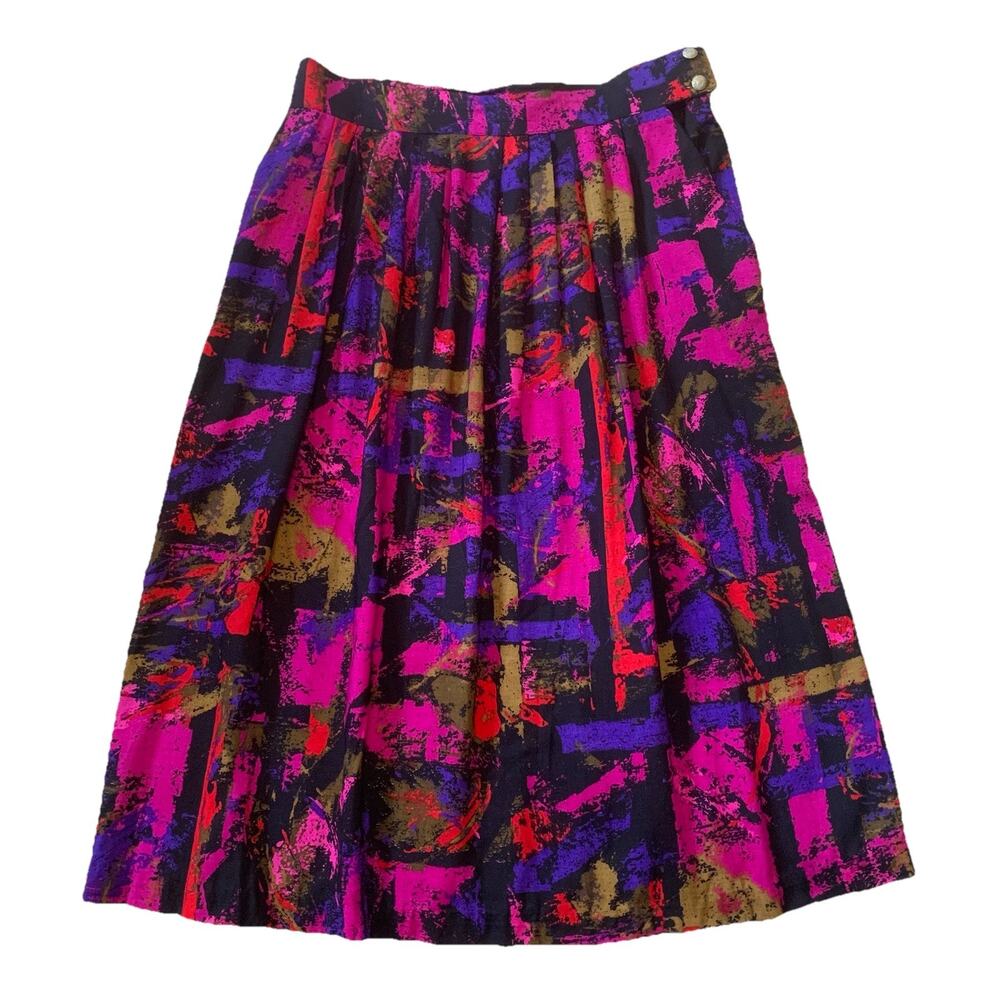 Vintage 80s Abstract Print Midi Skirt Womens L XL Rayon USA Made Colorful